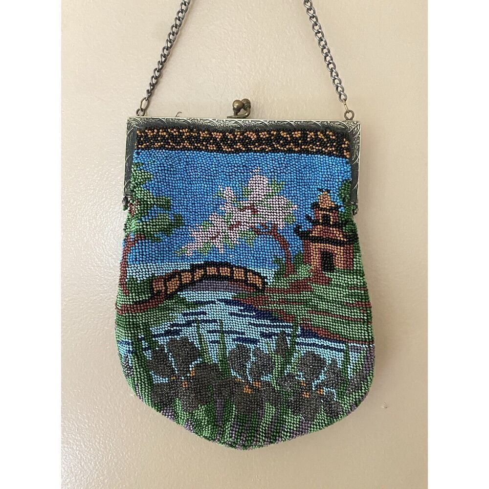 Vintage Micro Beaded Landscape Pictorial Antique Bag Purse Evening 1920s 30s